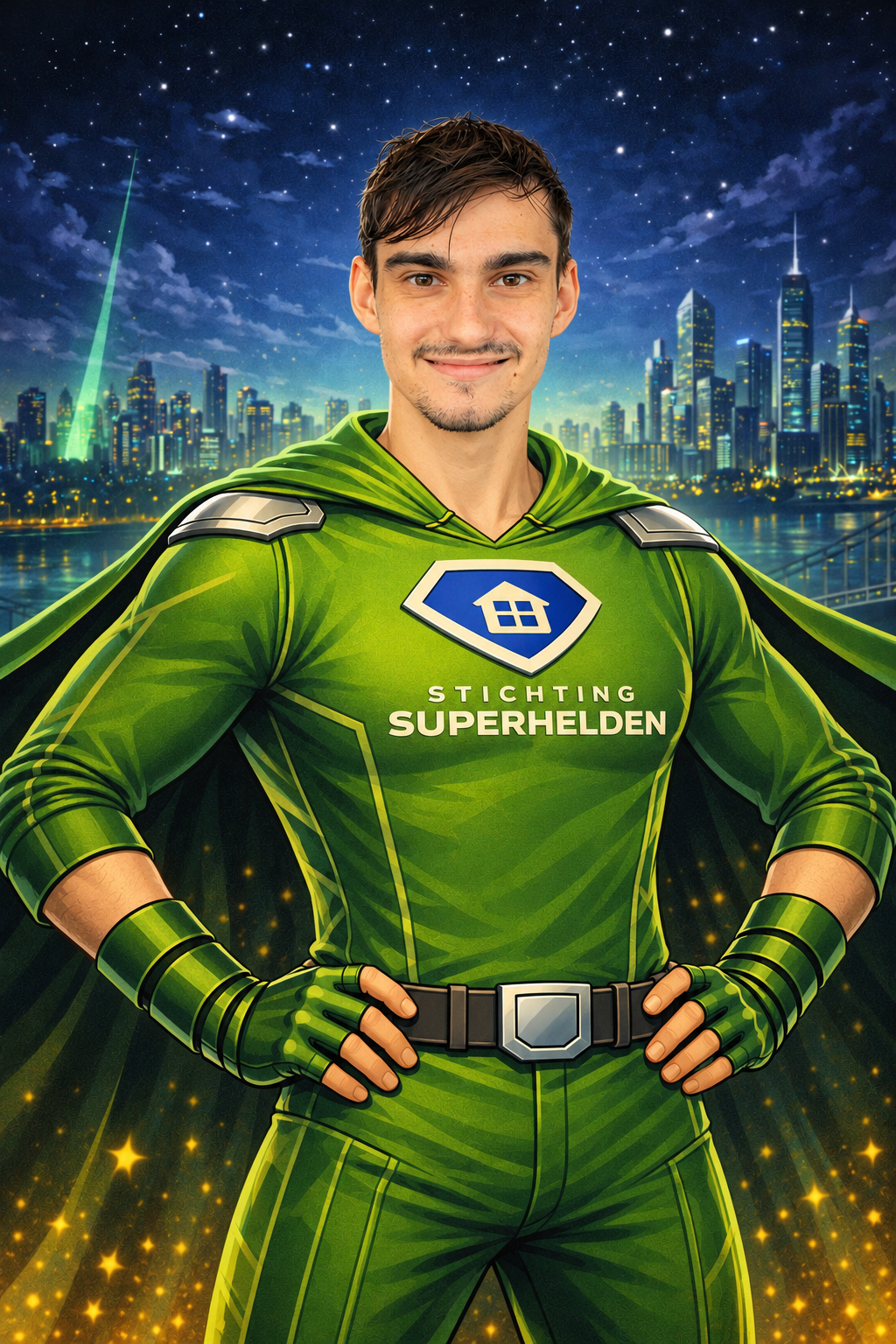 Groene superheld boven futuristische skyline