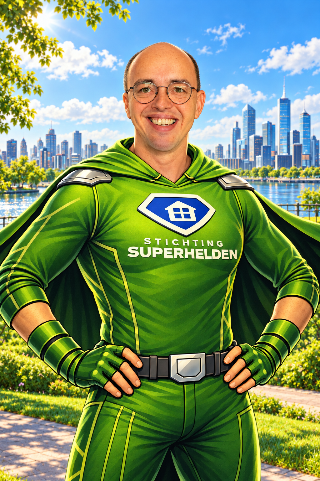 Superheld aan zonnige stadsrivier